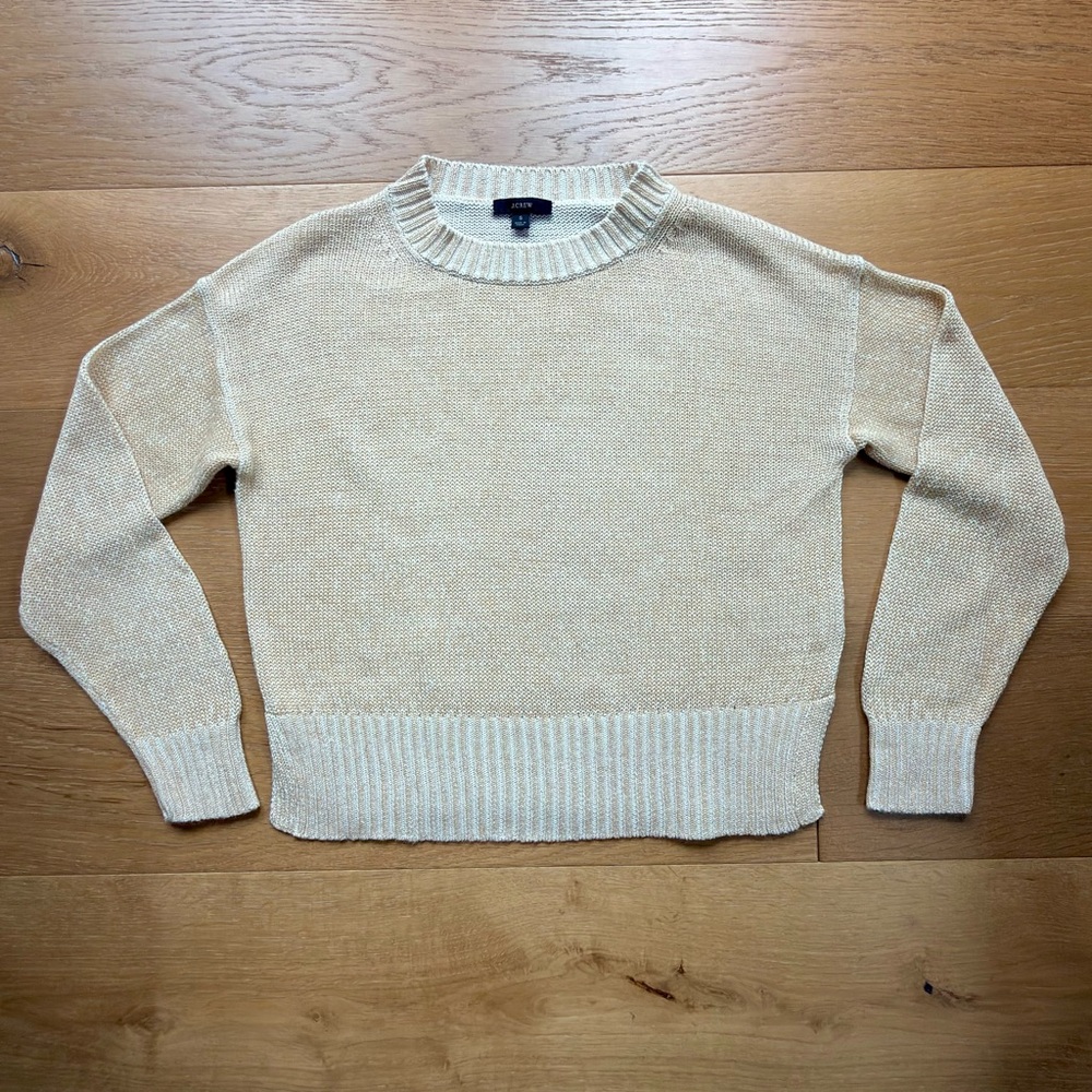 J.Crew Relaxed Cotton-Linen Blend Beach Sweater Beige Shimmer White Women’s XS